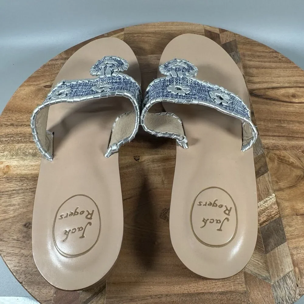 JACK ROGERS Women's Signature Flat Thong‎ Sandal Silver Size 10